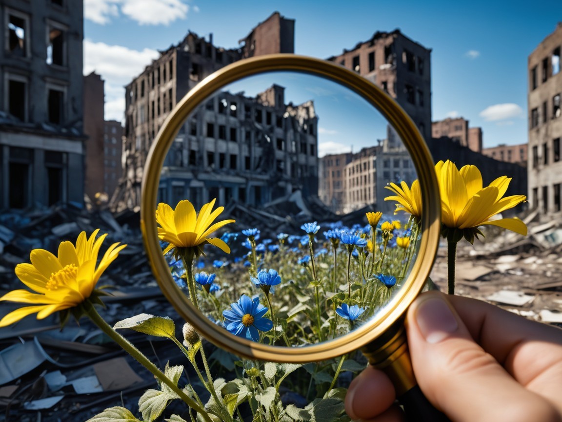 Vibrant Flowers Amidst a Ruined Cityscape