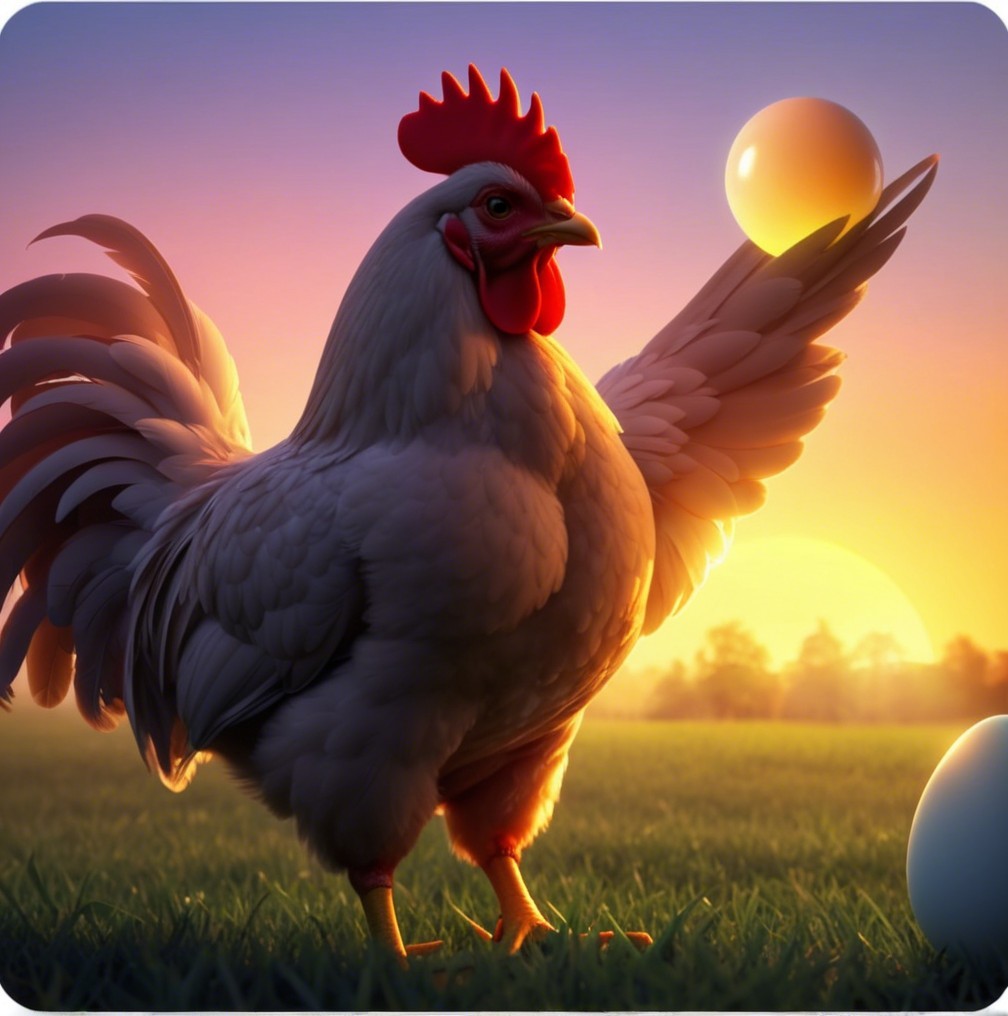 Majestic Rooster with Golden Egg in Sunrise Landscape
