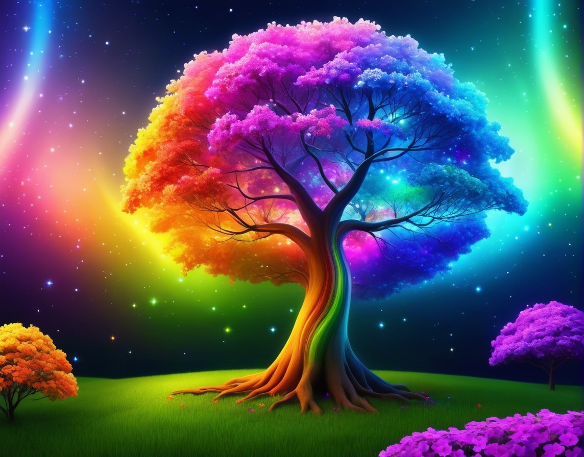 Surreal Tree in Colorful Dreamlike Landscape