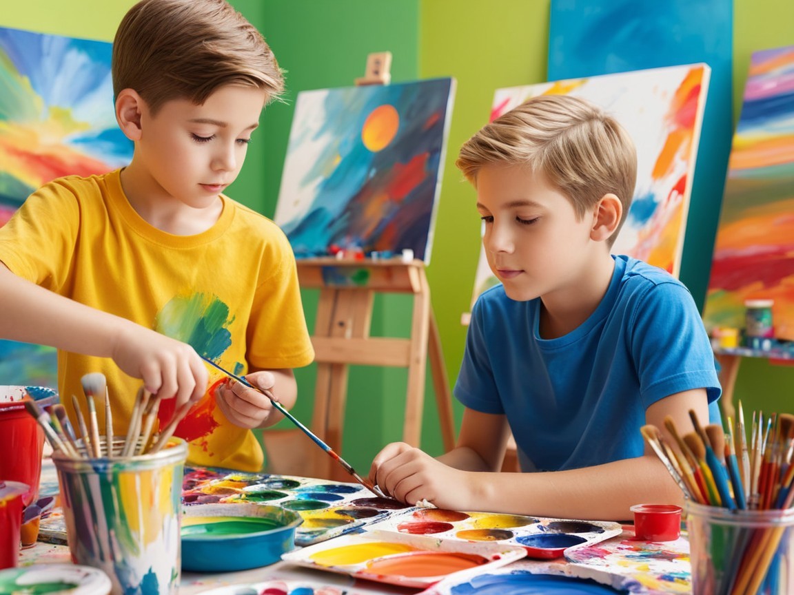 Boys Painting in a Colorful Art Studio Setting