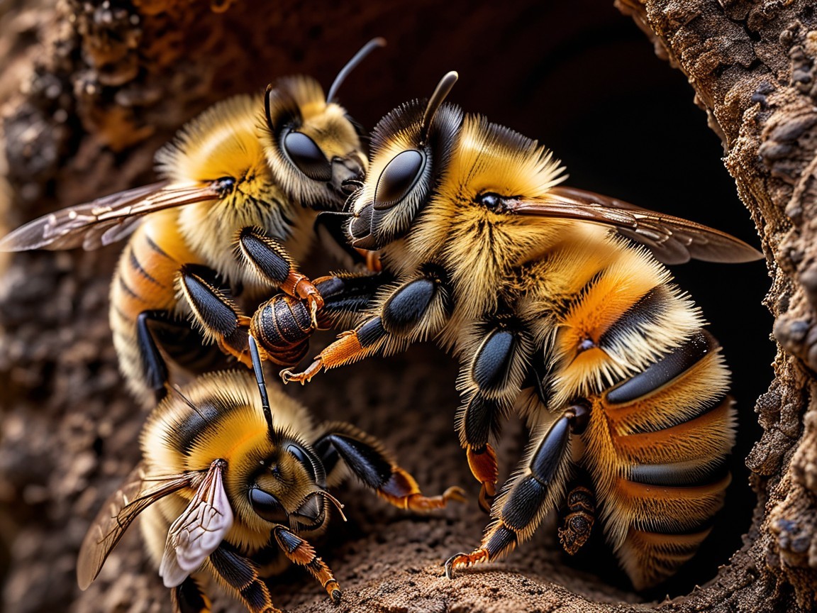 Close-Up of Bees Interacting at Hive Entrance