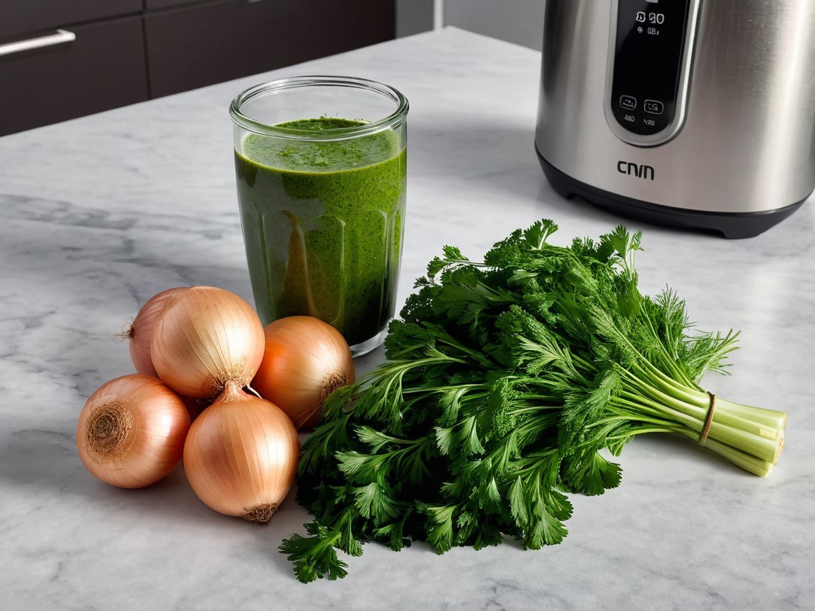 Fresh Ingredients on Marble Countertop with Smoothie