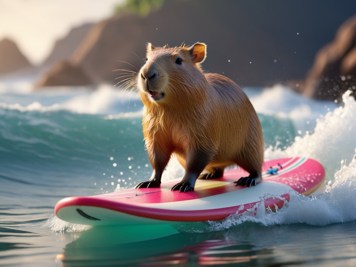 Capybara Surfing on a Pink Board in Sunny Waves