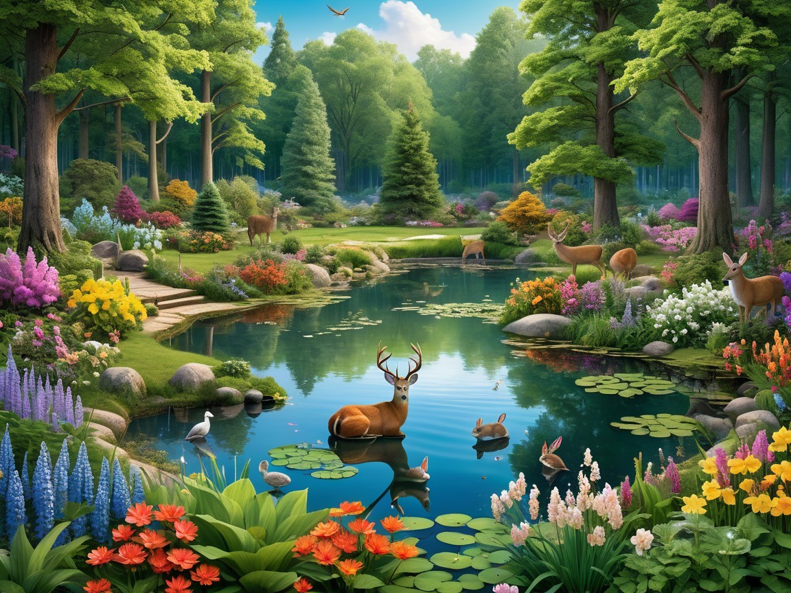 Vibrant Fantasy Forest with Deer and Colorful Flora