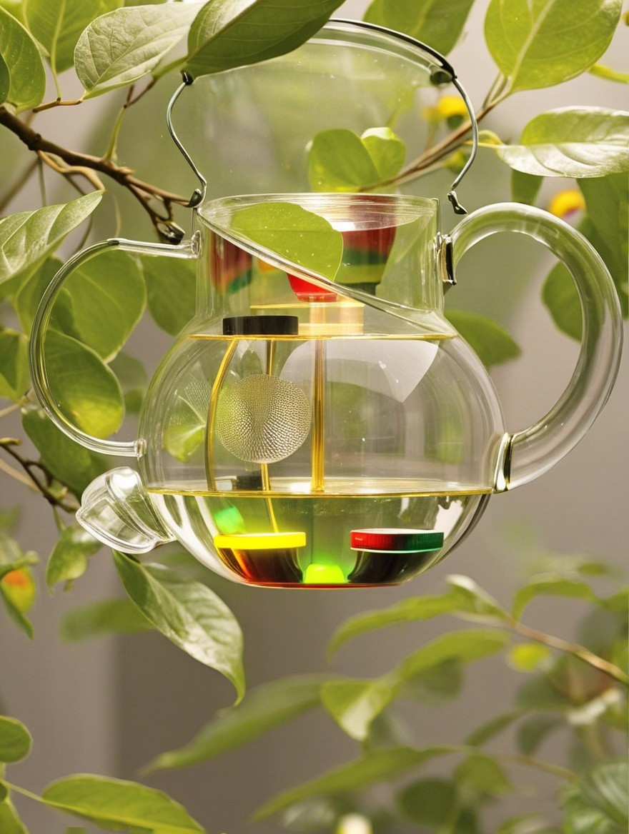 Glass Pitcher Surrounded by Lush Greenery and Colors