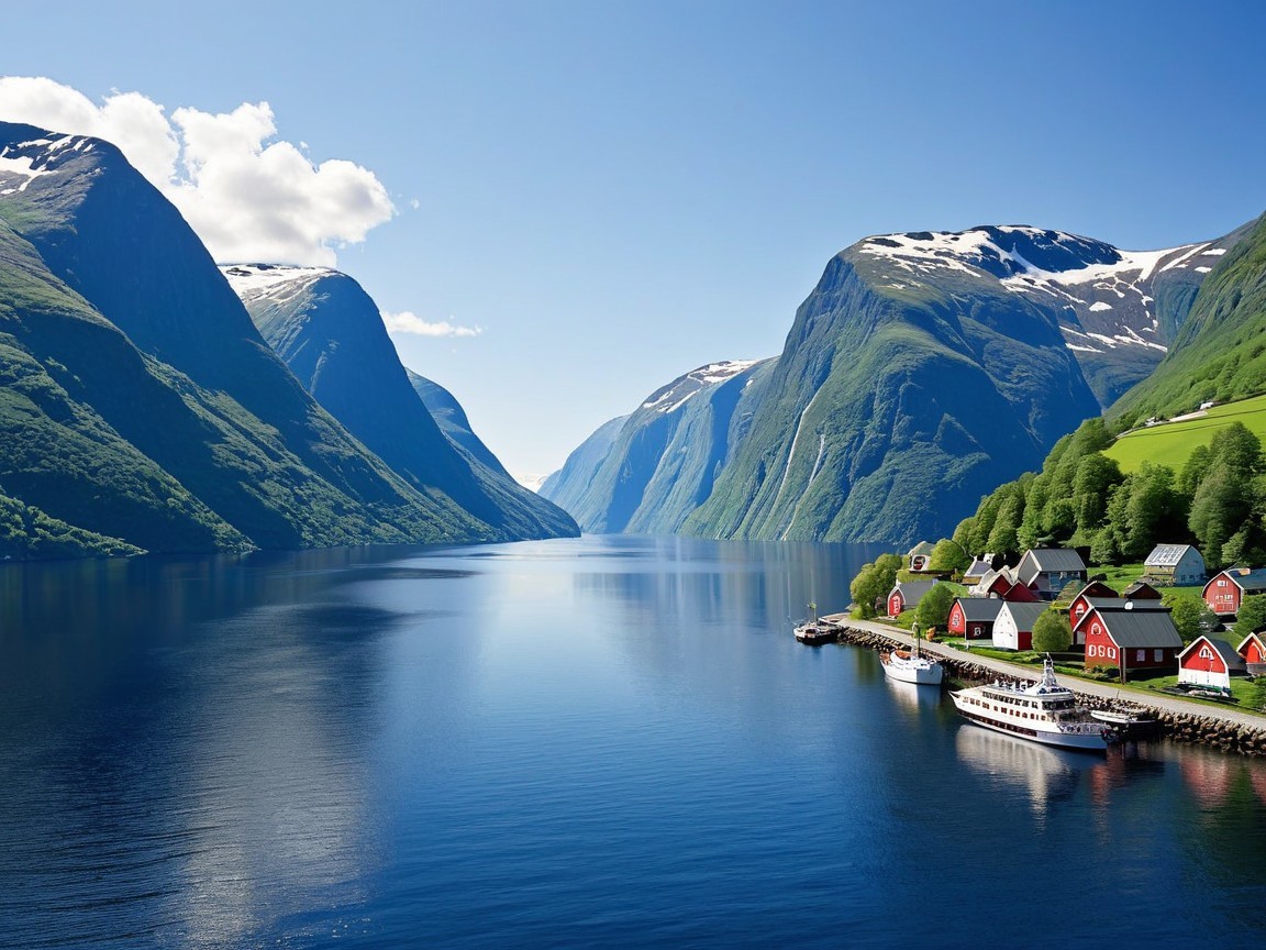 Serene Fjord Landscape with Mountains and Red Houses