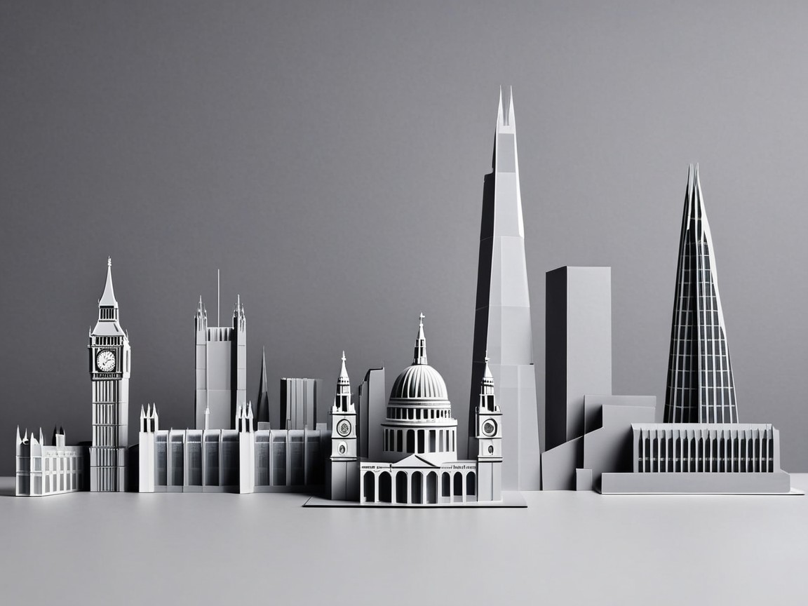 Minimalist Monochromatic London Skyline with Landmarks