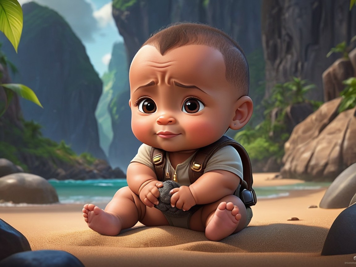 Cartoon Baby on Beach with Cliffs and Greenery