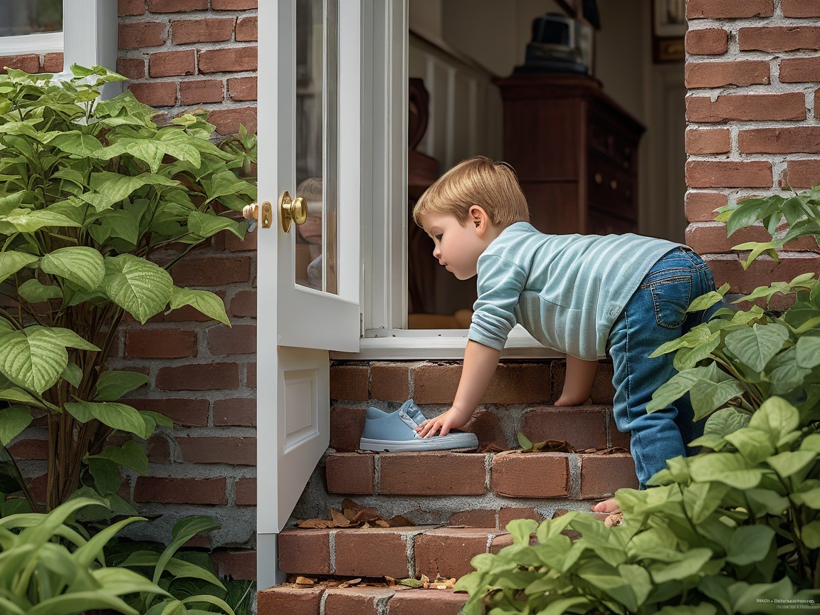 Child Climbing Steps of Brick House with Blue Shoe