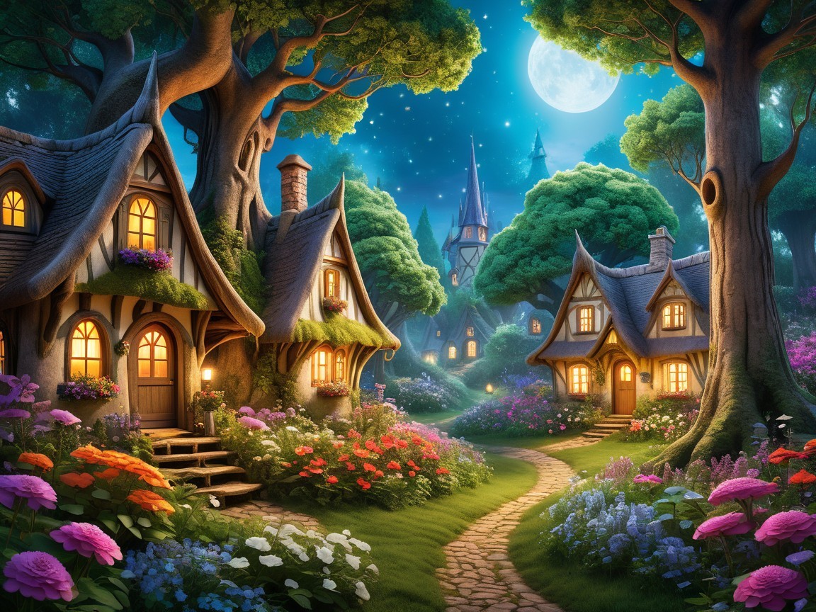 Moonlit Village Scene with Cottages and Gardens