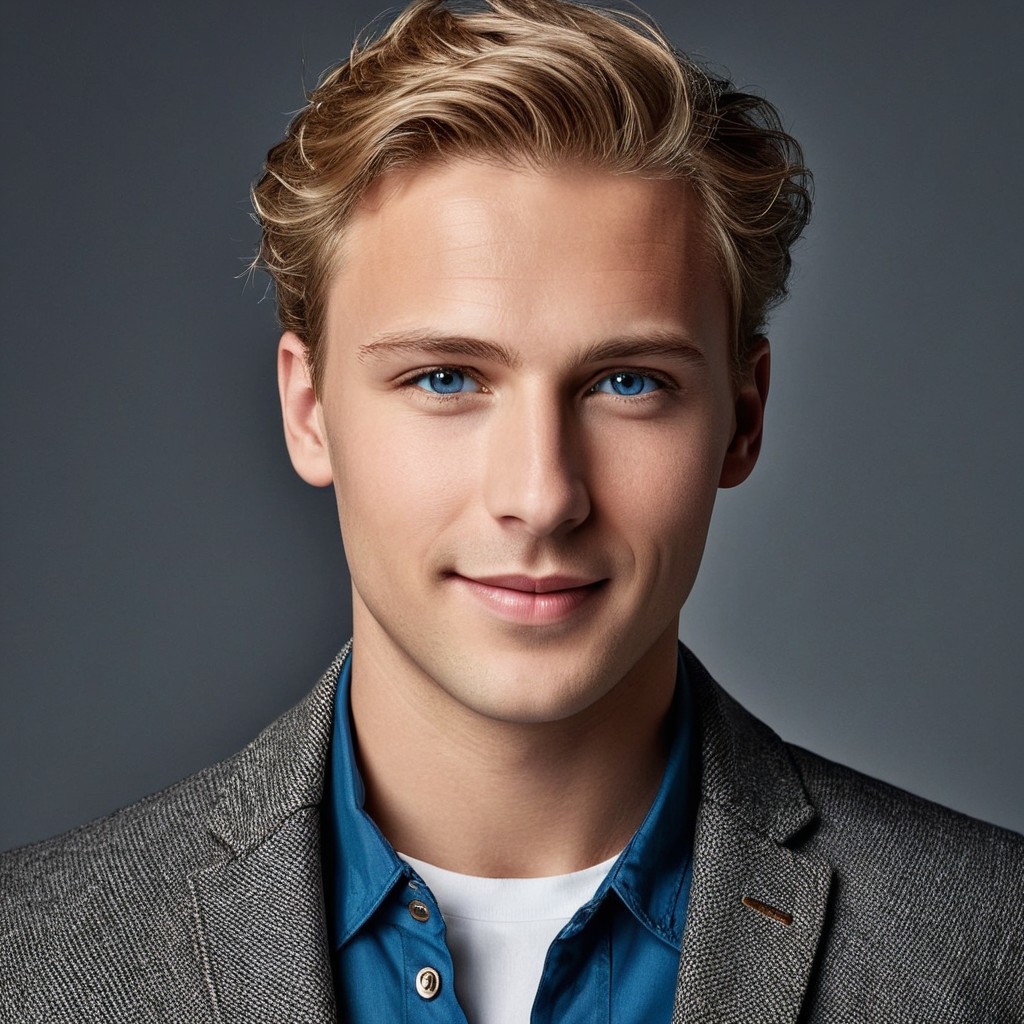 Confident Young Man in Stylish Gray Blazer and Blue Shirt