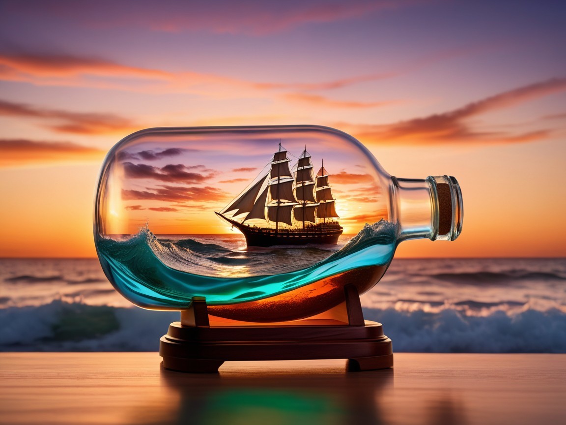 Ship in a Bottle with Sunset and Elegant Base