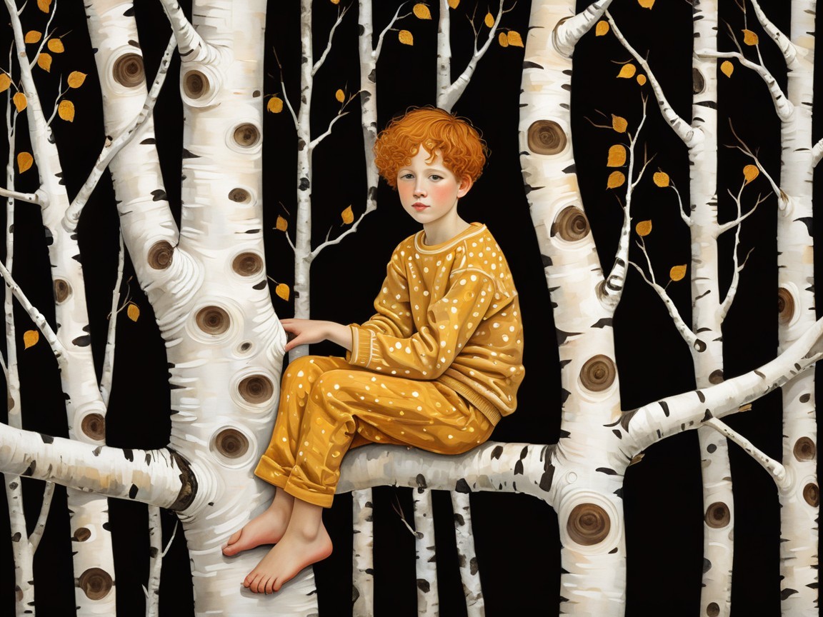 Vibrant Painting of a Boy in a Birch Tree