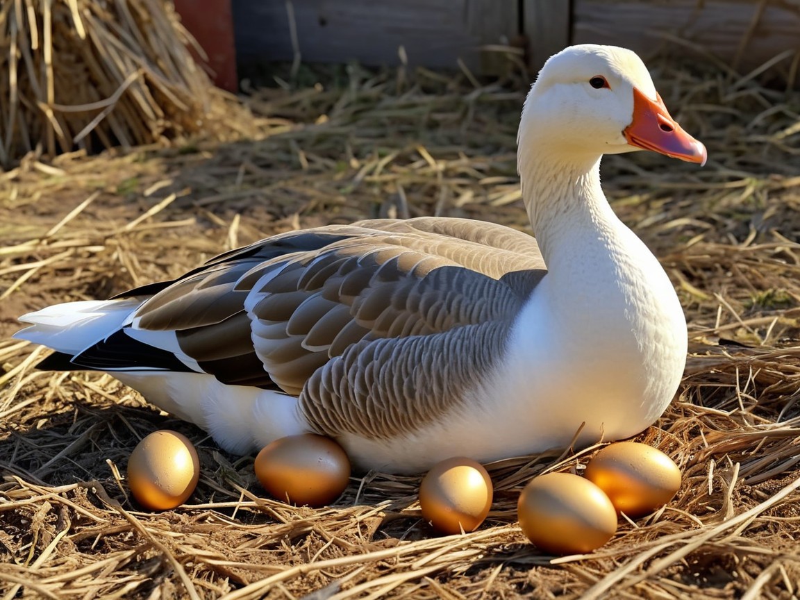 Goose Nesting Among Golden Eggs in Sunlit Straw