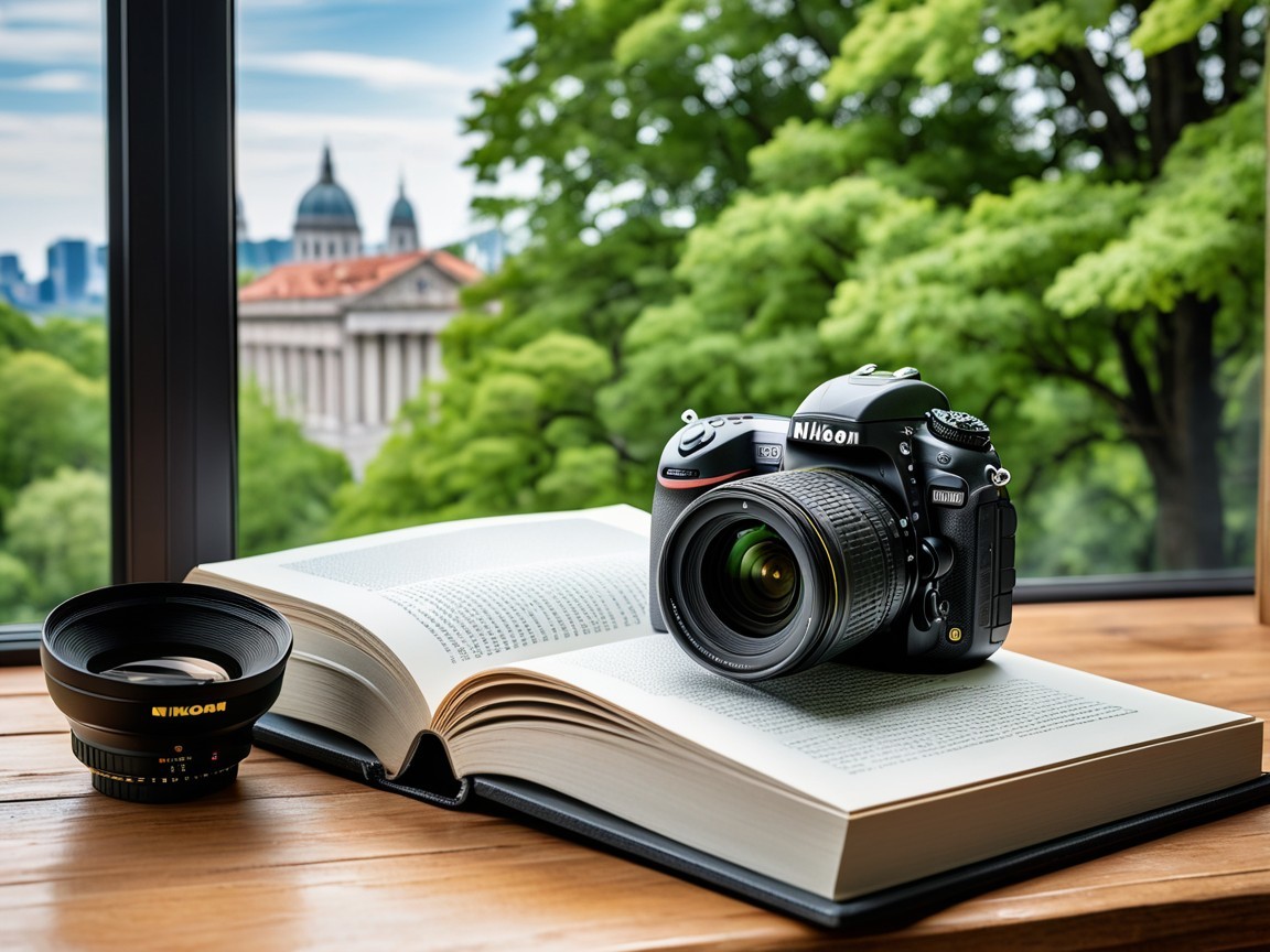 Nikon Camera on Book with Green Landscape View