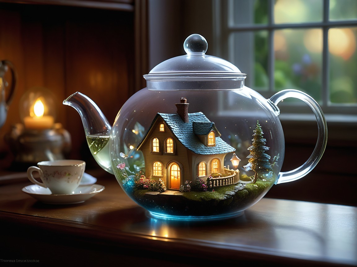 Whimsical Glass Teapot with Cottage Design and Garden