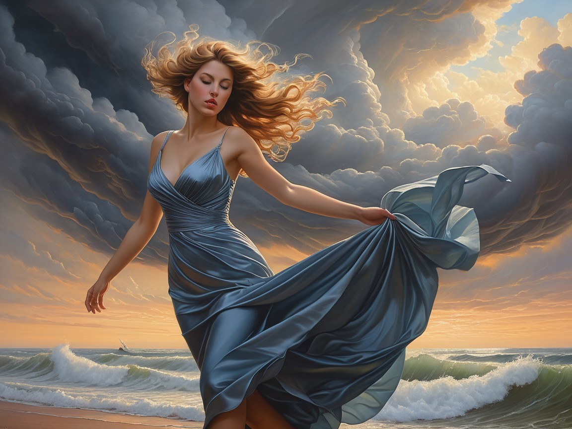 Woman in a Blue Dress at Beach During Sunset