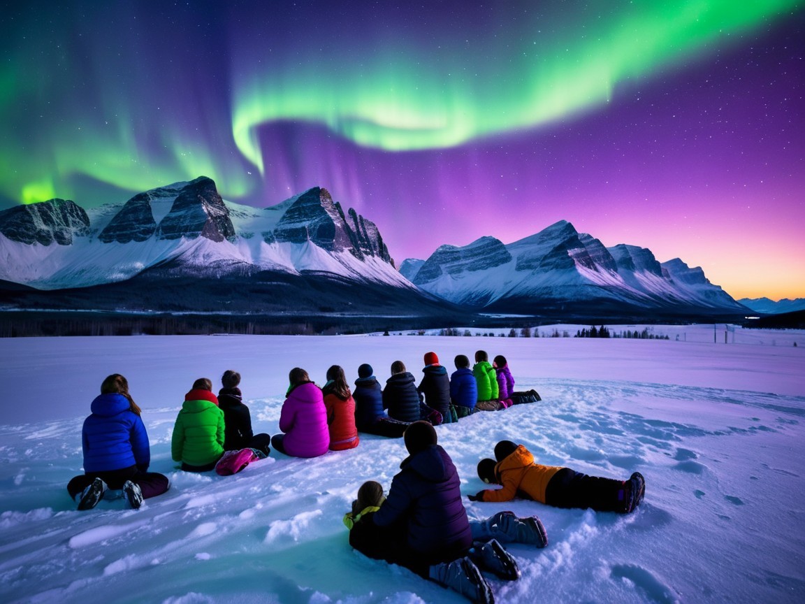 People observing northern lights over snowy mountains