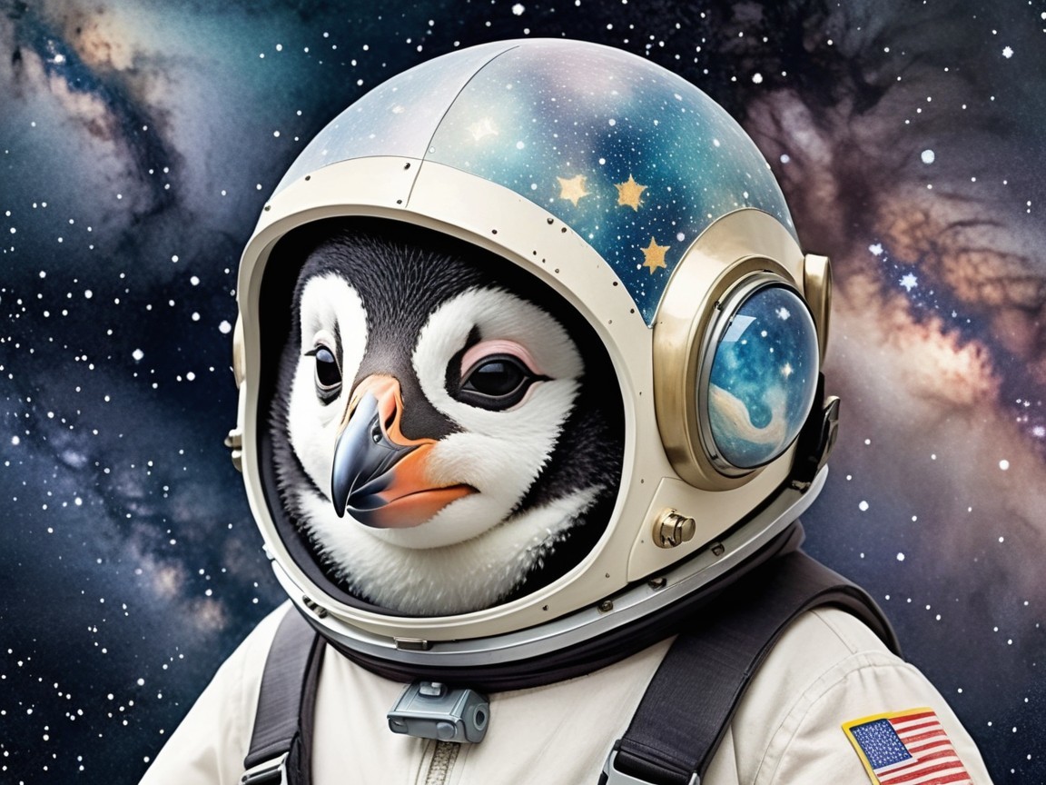 Whimsical Penguin in Space Helmet Against Cosmic Backdrop