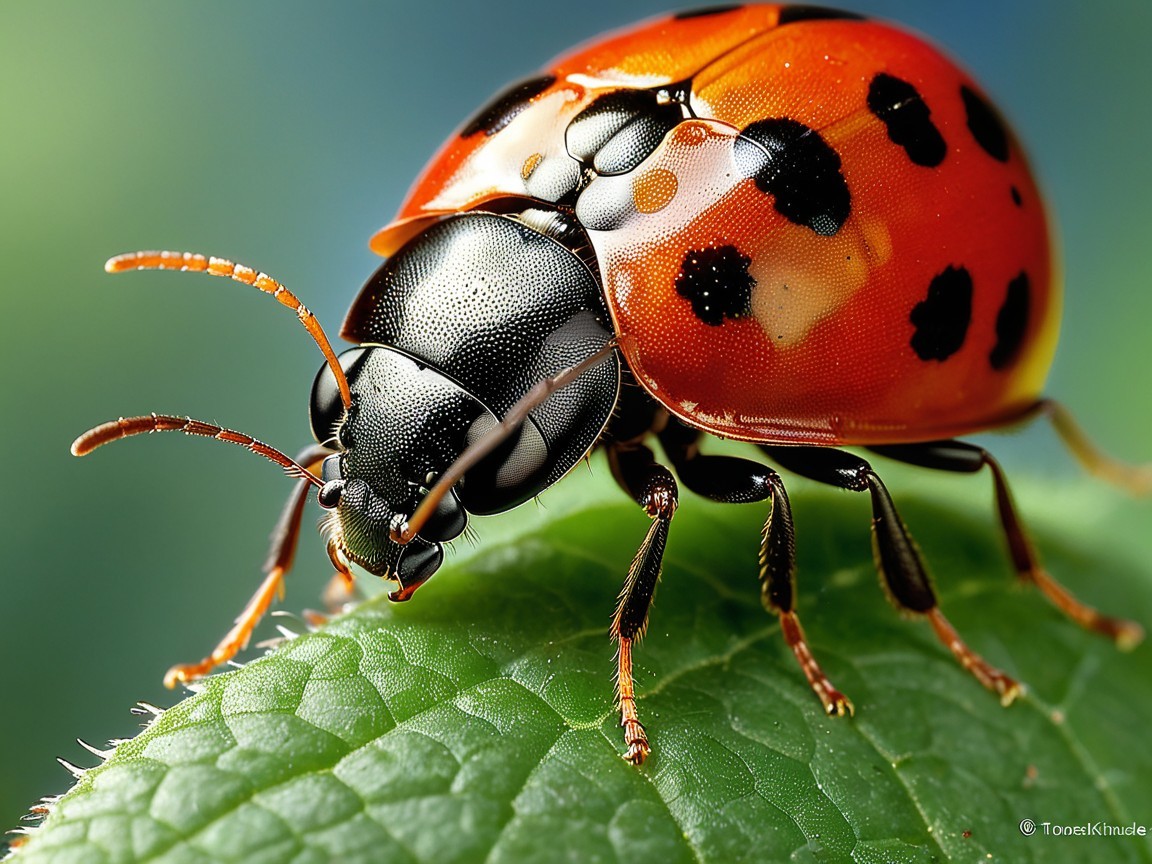 Close-Up of a Red Ladybug on a Green Leaf