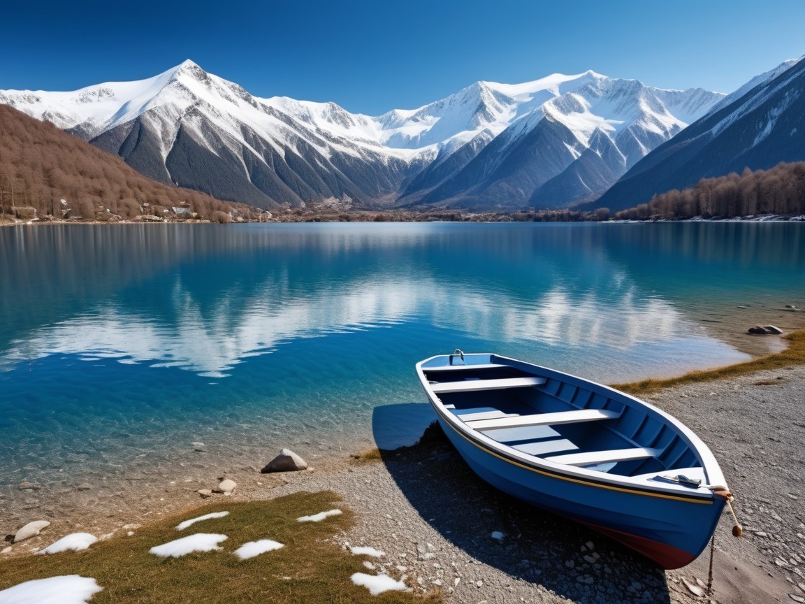 Bright Blue Mountain Lake with Snow-Peaked Mountains