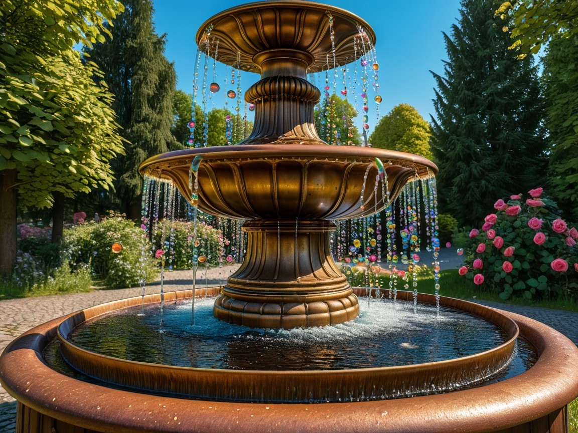 Majestic Fountain in Vibrant Garden with Tiers and Roses