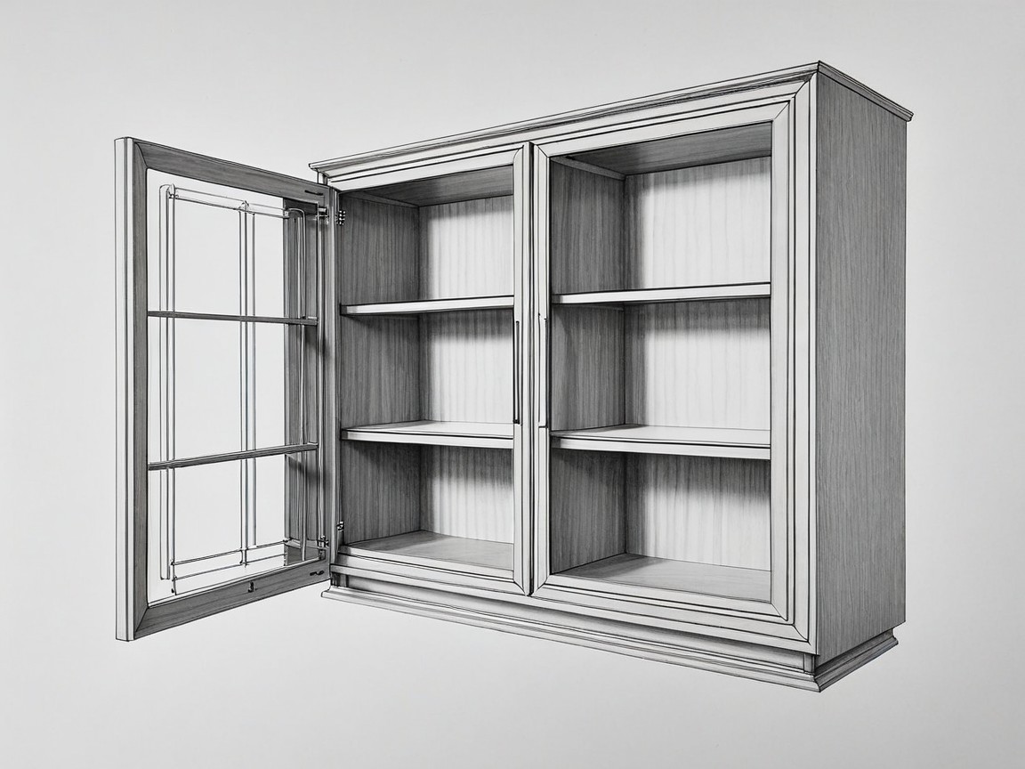 Illustration of a wooden cabinet with glass doors and shelves
