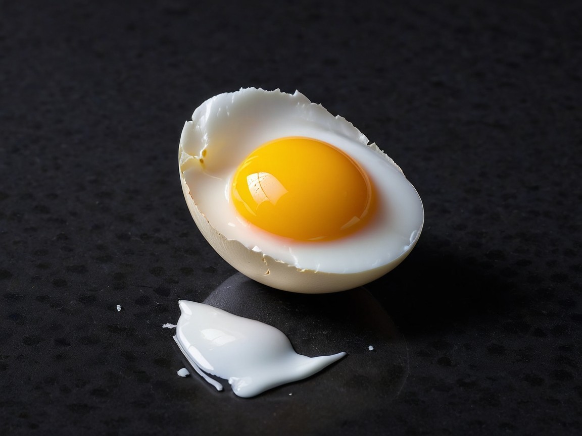 Cracked Eggshell with Yolk on Dark Countertop