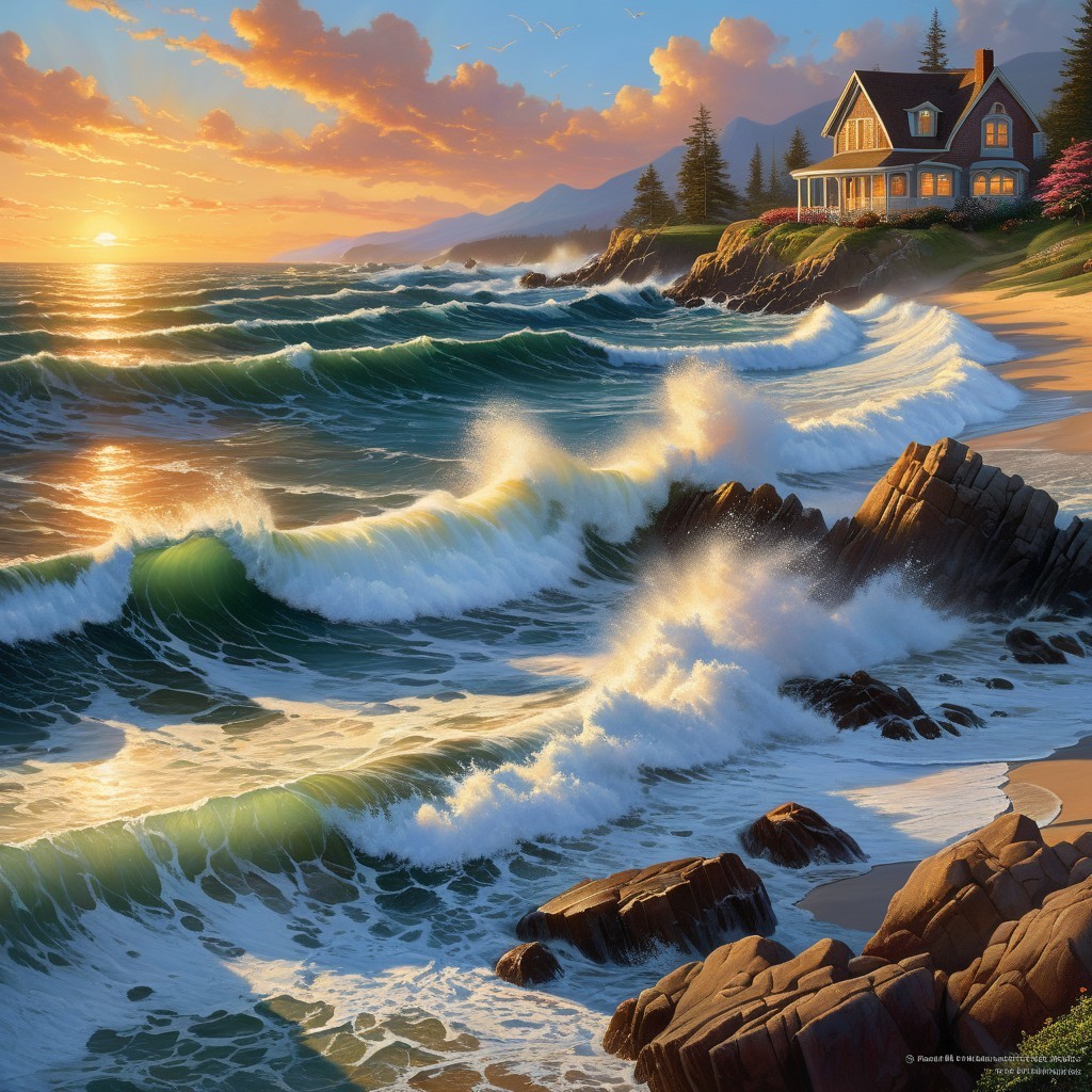 Serene Coastal Sunset with Vibrant Sky and House