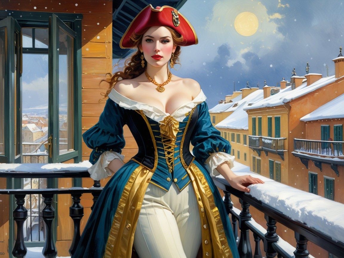 Young Woman in Gold Dress Posing on Snowy Balcony