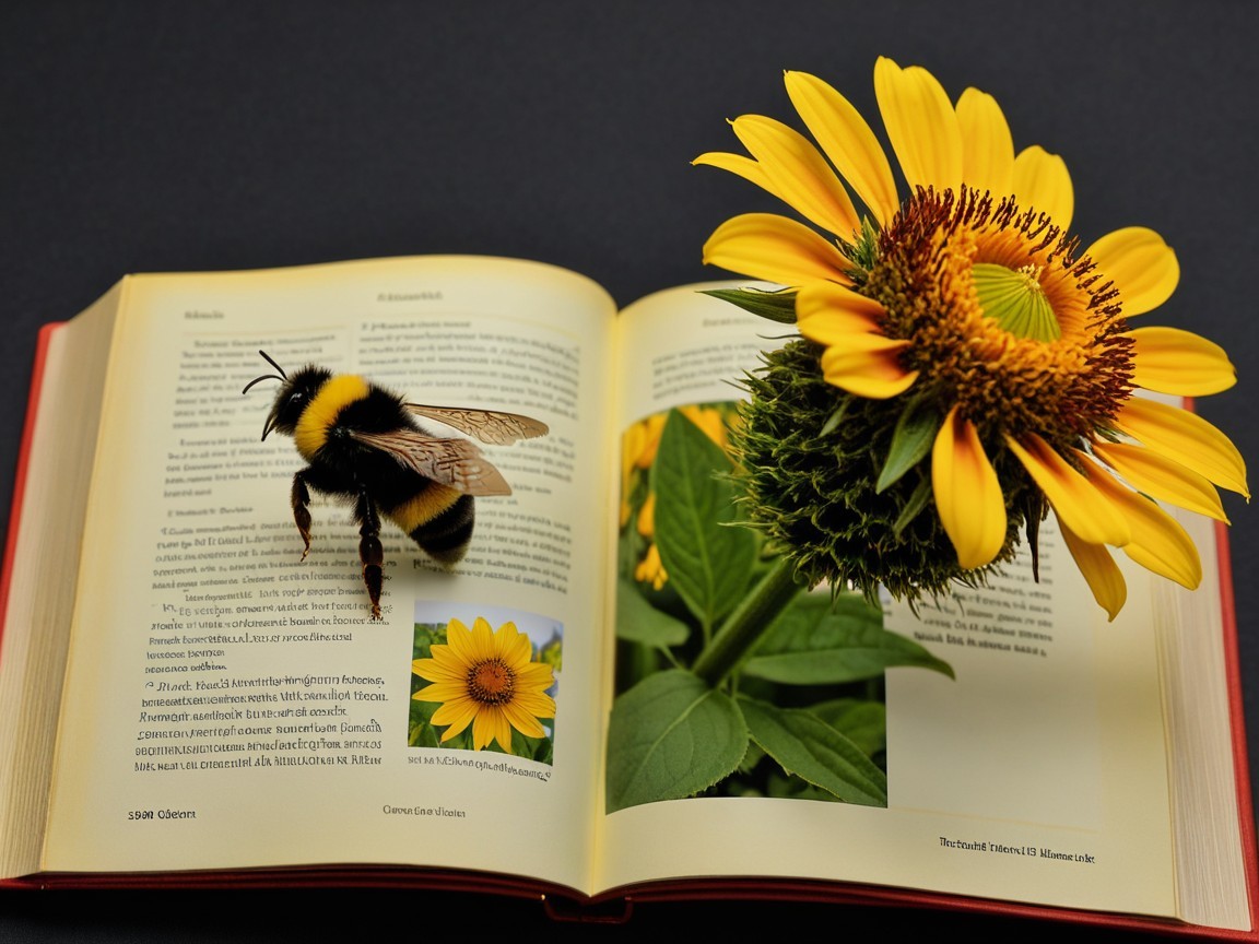 Bumblebee and Sunflower on Open Book Background