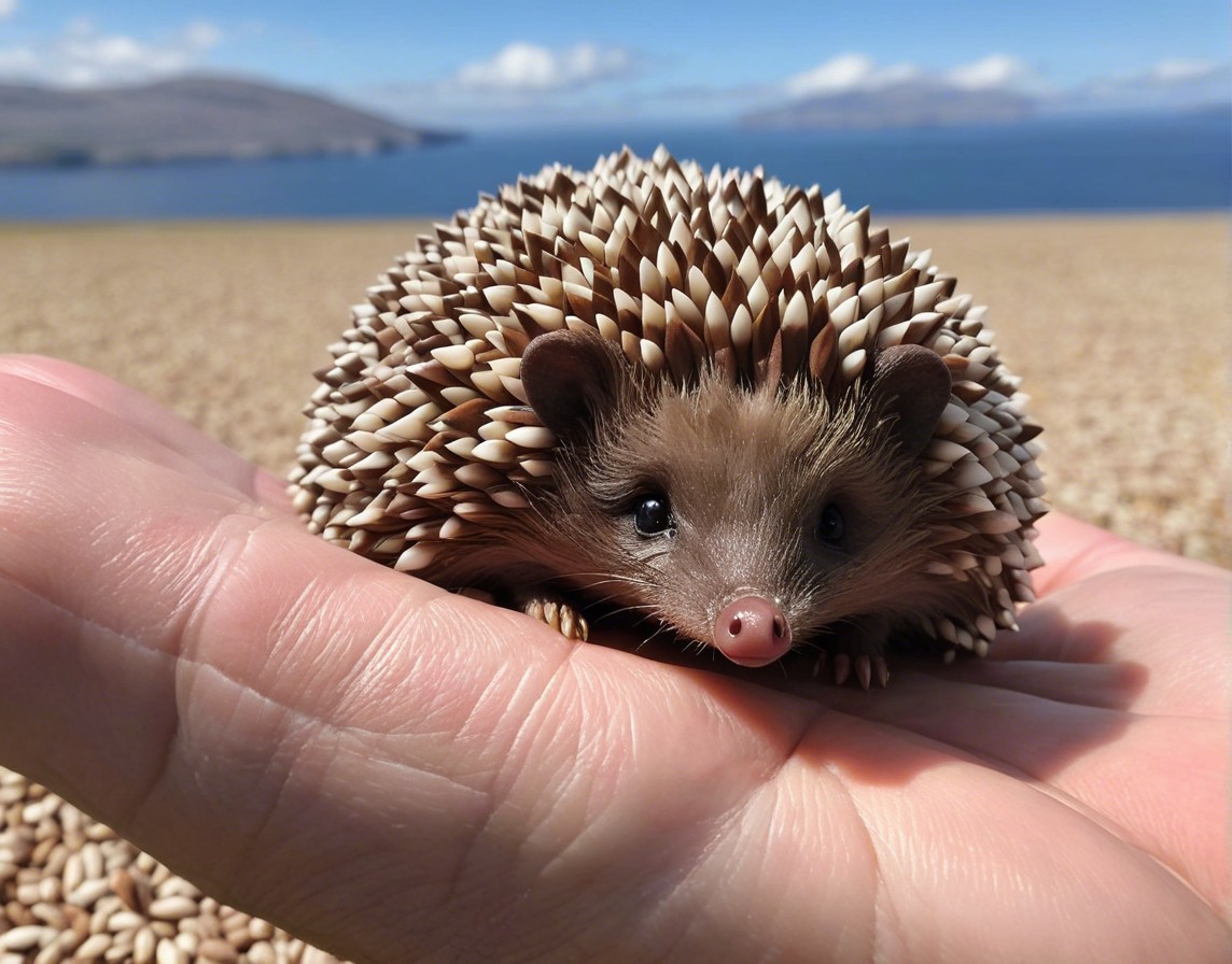 Hedgehog Resting in Hand with Serene Landscape Background