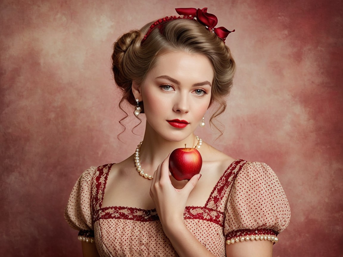 Vintage Elegance: A Young Woman with Red Apple