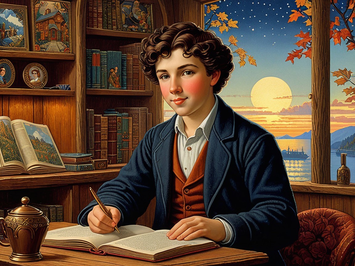 Young boy writing at a desk in a cozy library