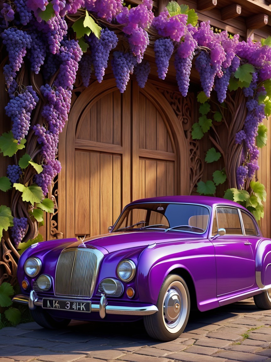 Classic Purple Car by Ornate Wooden Entrance