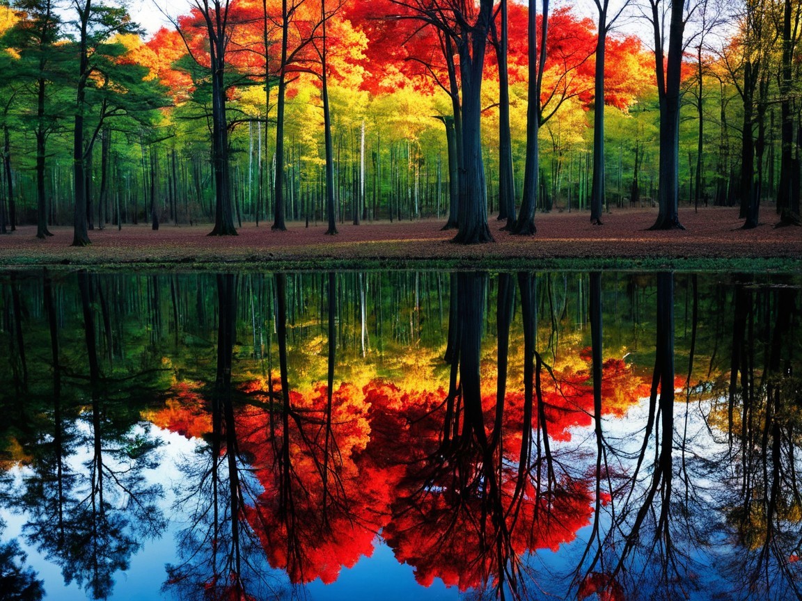 Vibrant Autumn Forest Landscape with Lake Reflection