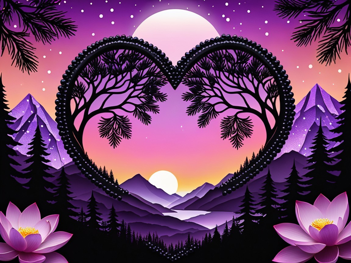 Heart-Shaped Tree Silhouette at Sunset Landscape