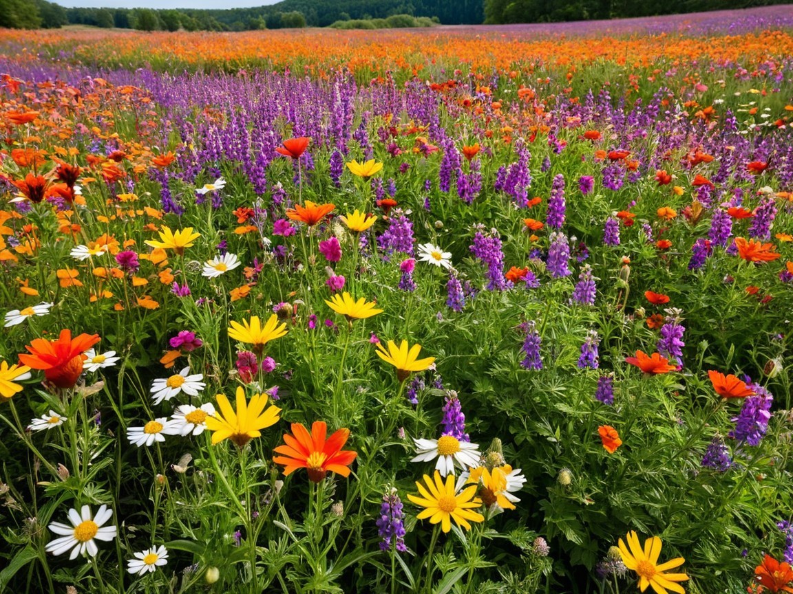 Vibrant Wildflower Meadow with Rolling Hills and Sky