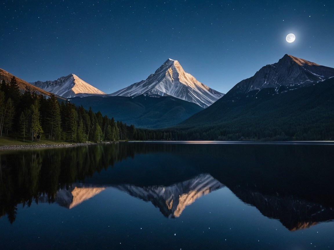 Serene Nighttime Landscape with Mountains and Lake