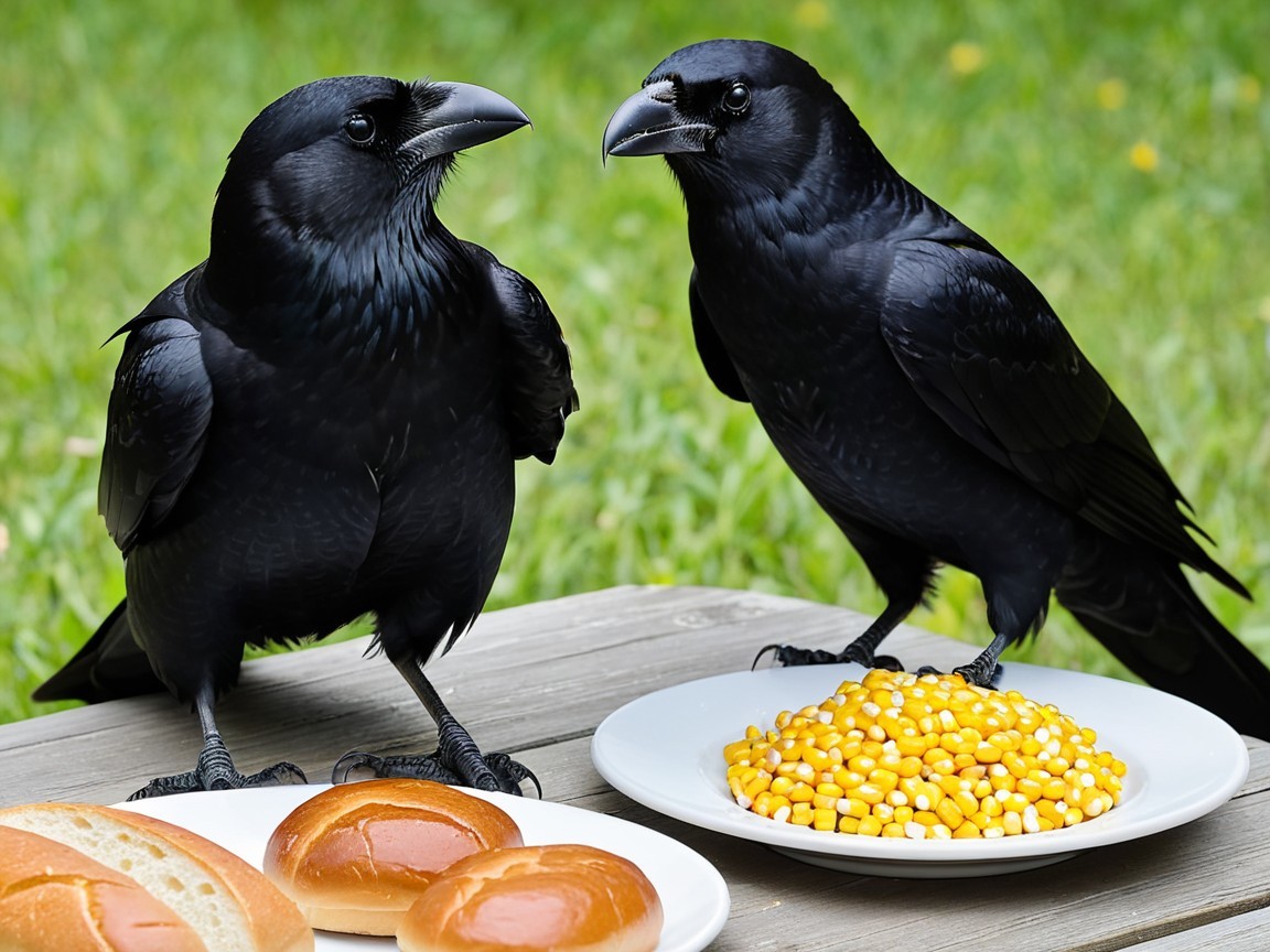 Crows Observing Corn and Rolls on Wooden Table
