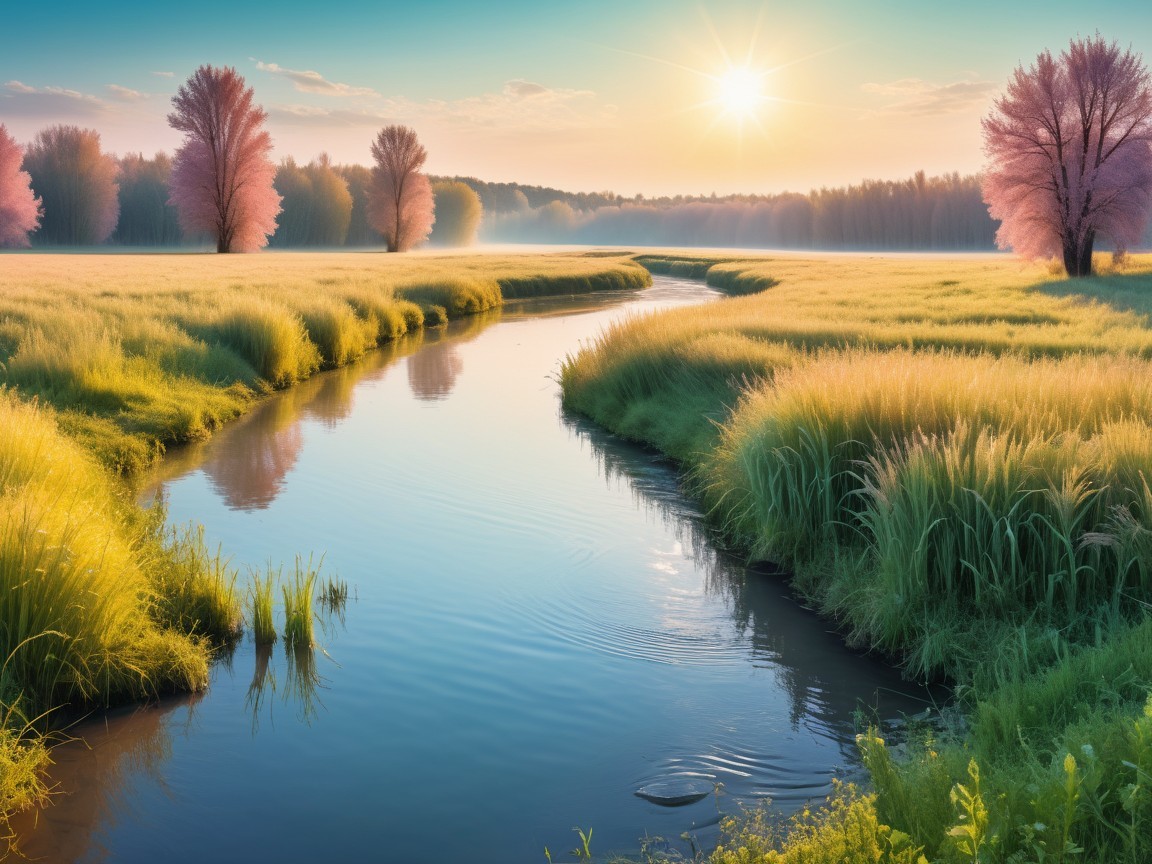 Serene Landscape with River and Morning Mist