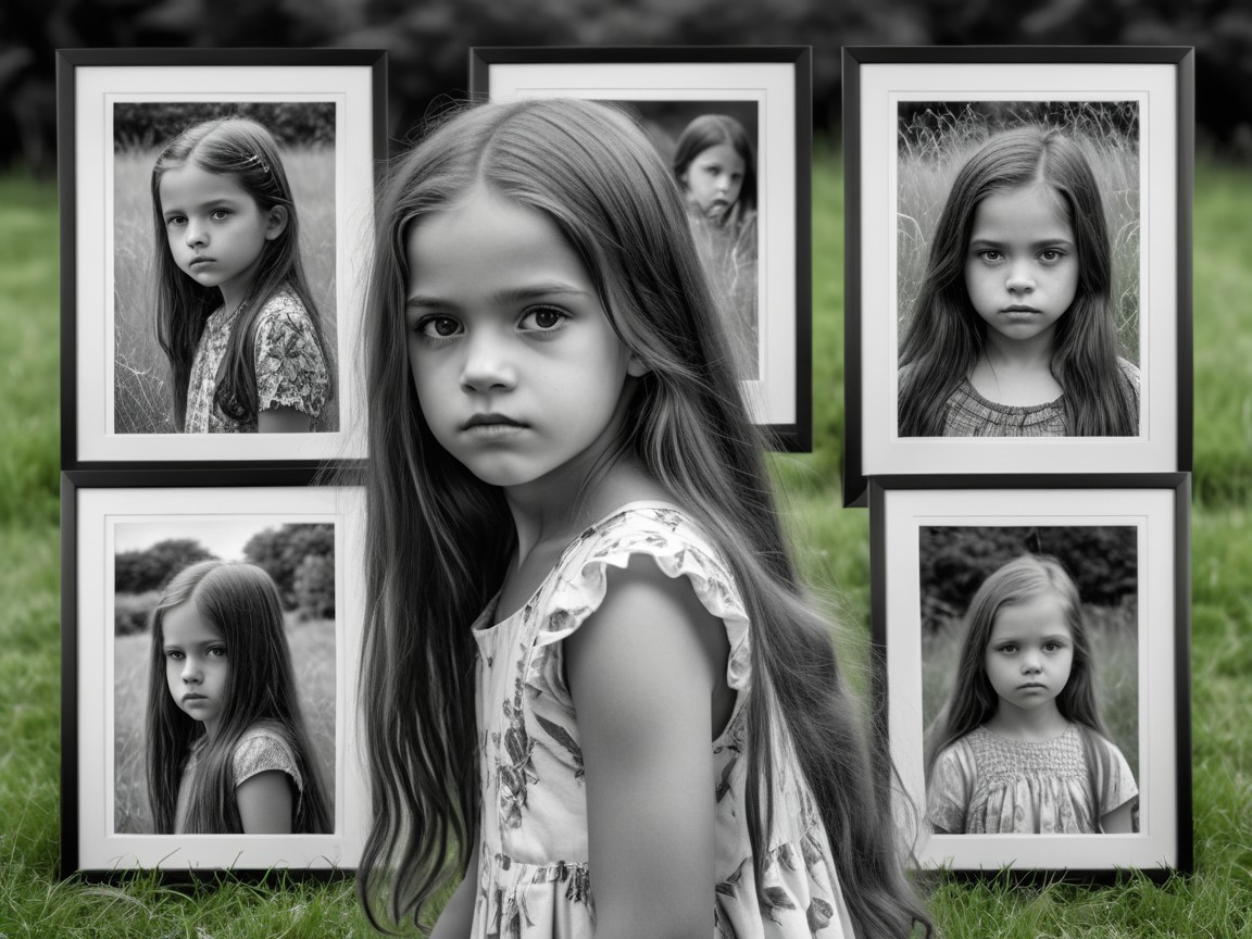 Young Girl Surrounded by Black-and-White Portraits