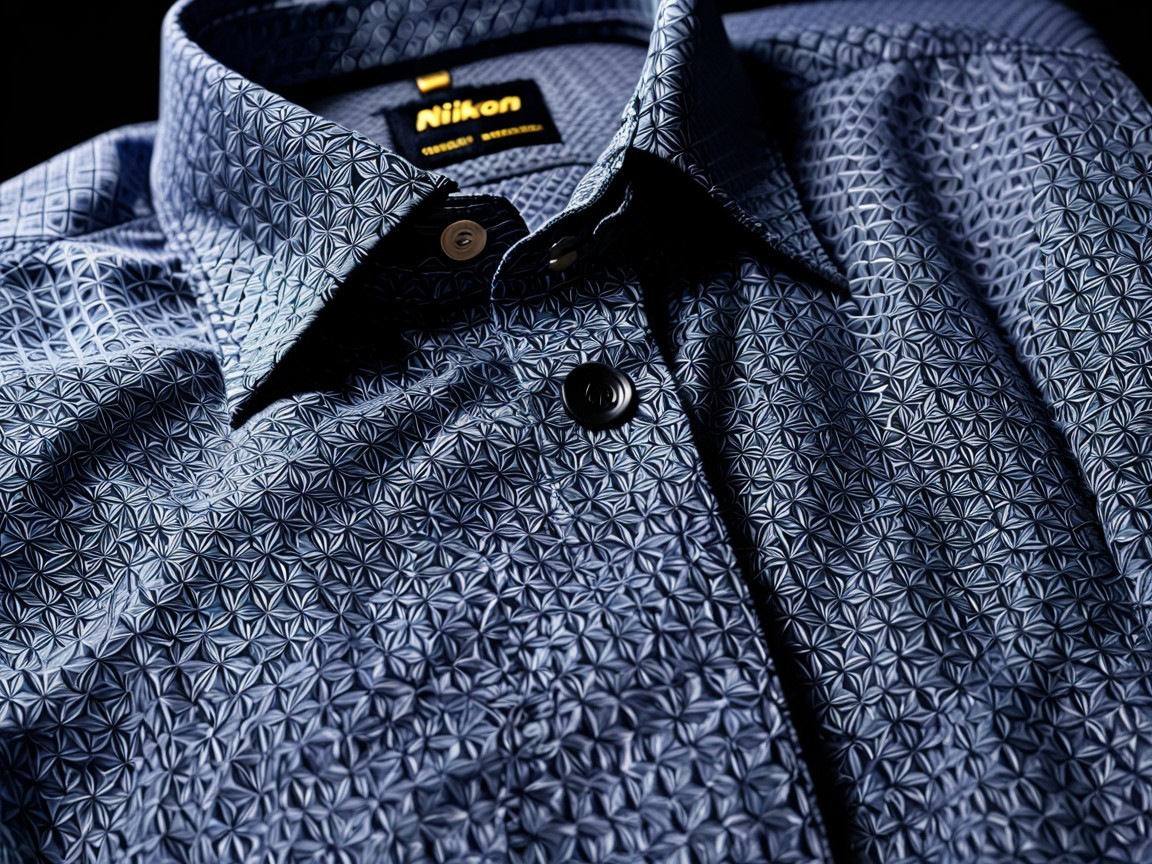 Close-up of a dark blue patterned shirt with geometric design