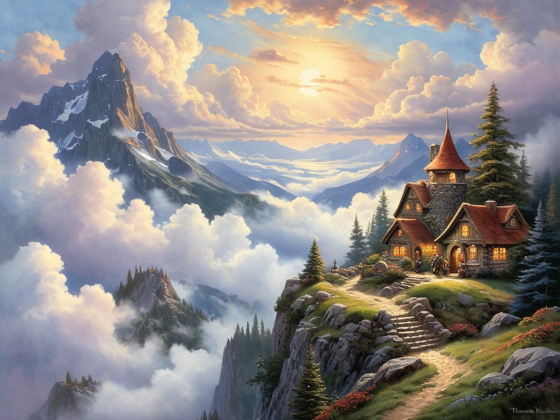 Cottage on Cliff with Mountains and Sunset Sky