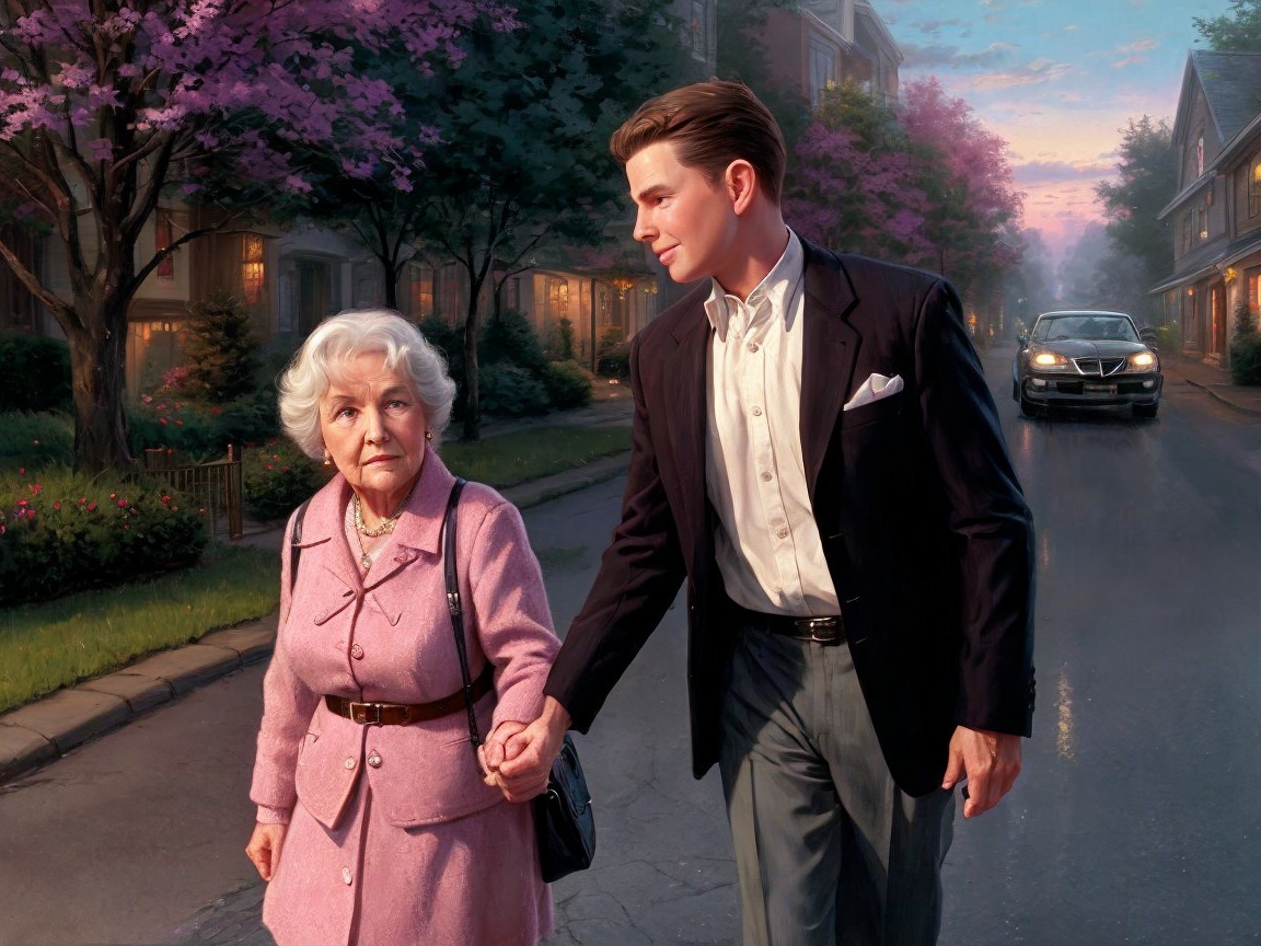 Young man and elderly woman walk in cherry blossom street