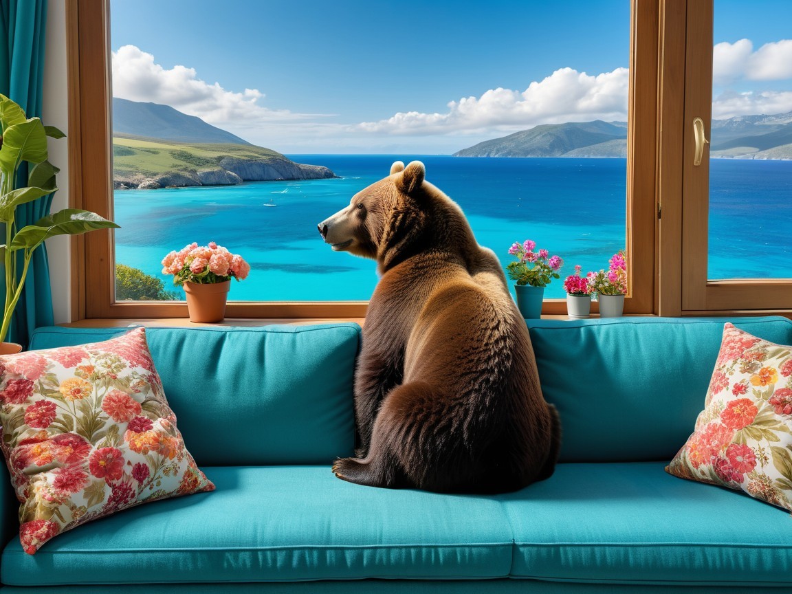 Brown bear on turquoise couch with seascape view