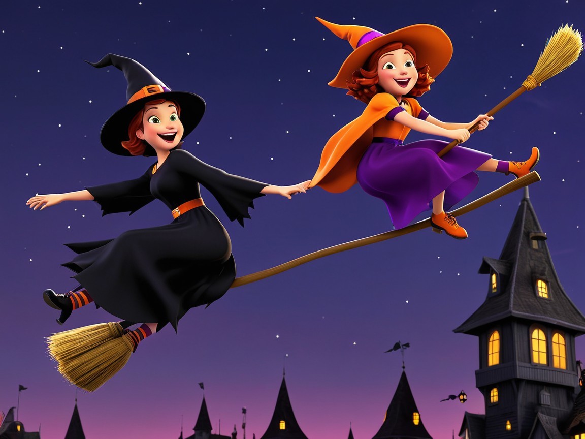 Cheerful Witches Flying on Broomstick at Night