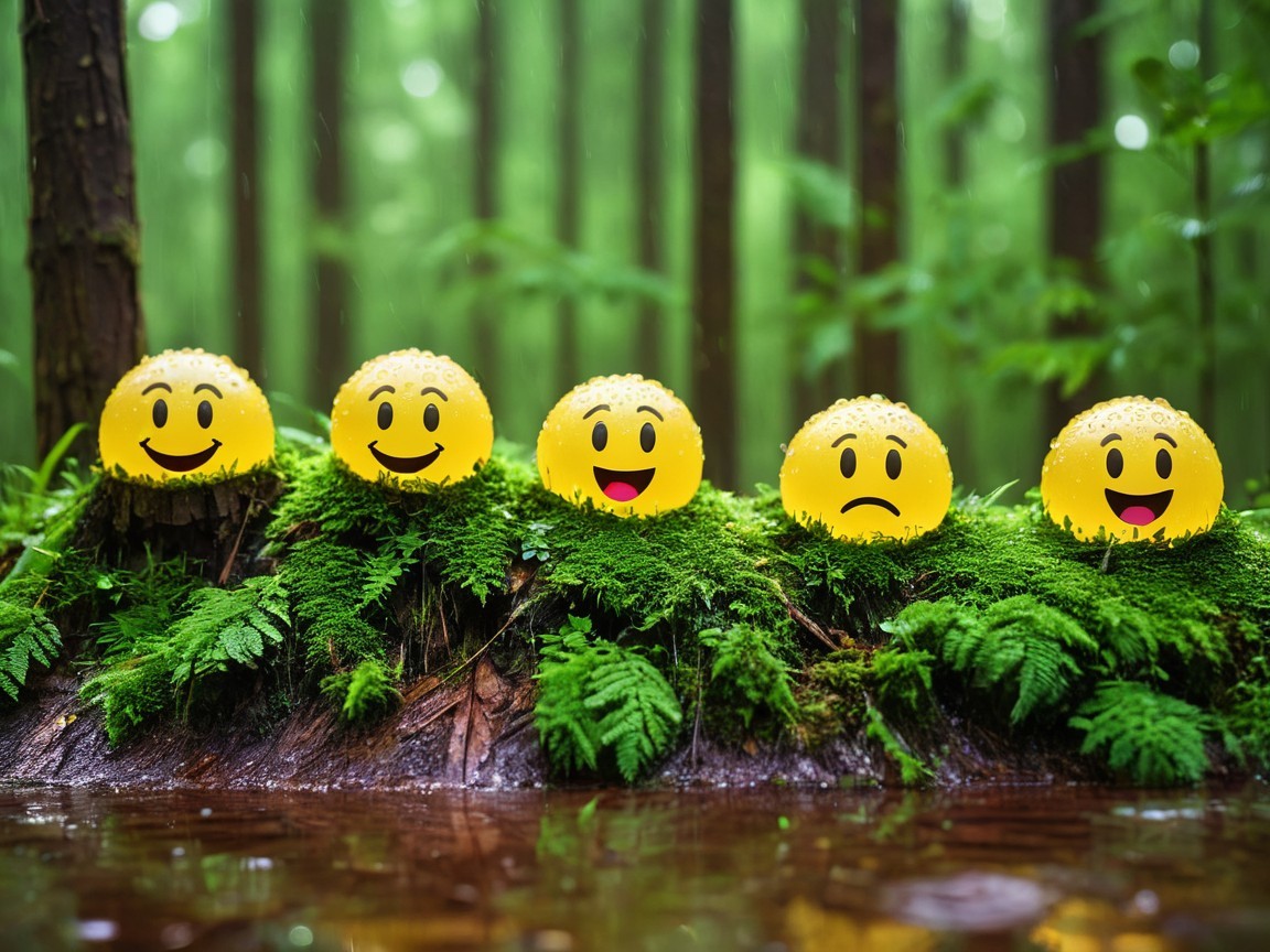 Yellow Smiley-Face Emojis on a Mossy Log in Forest