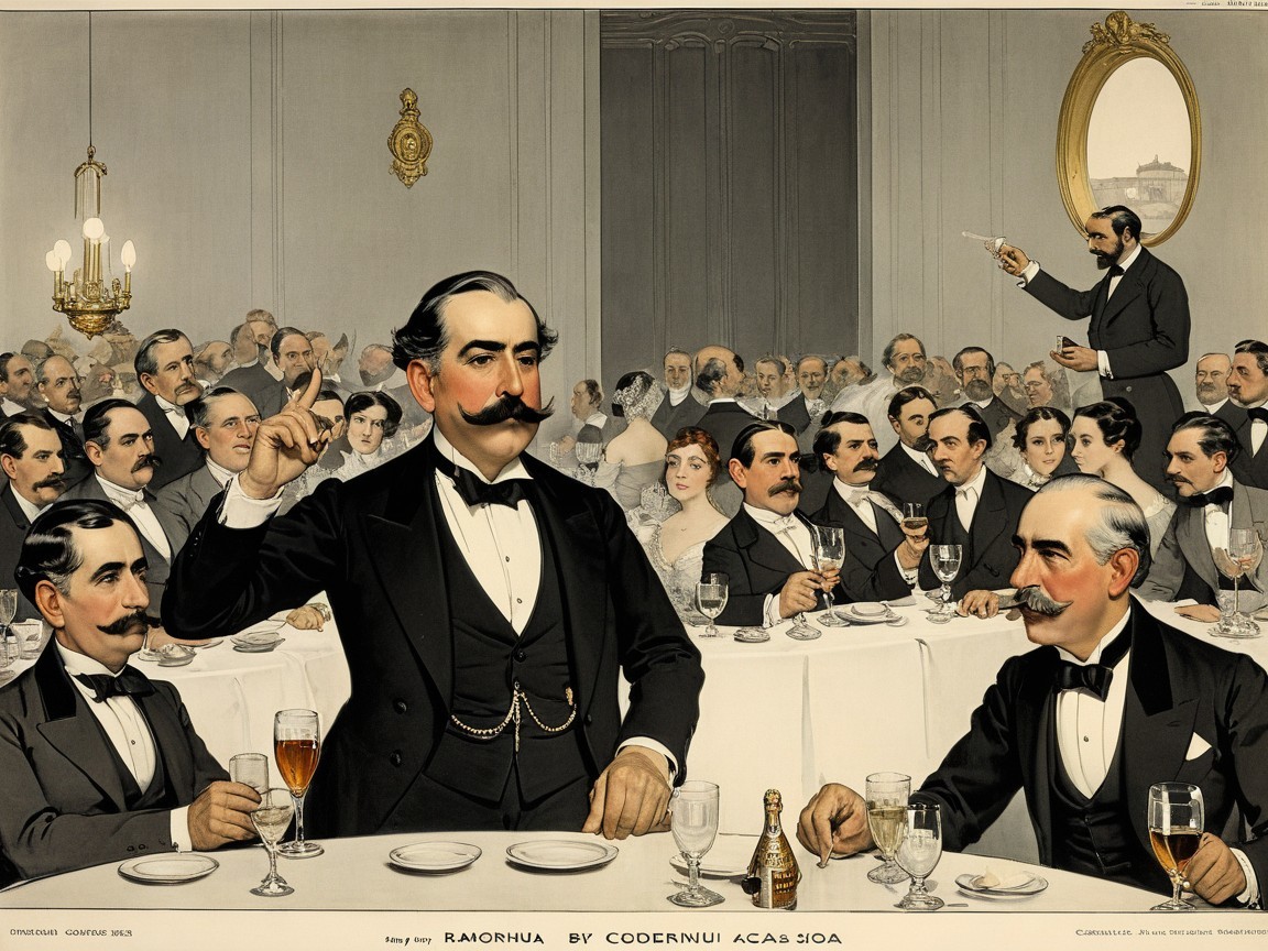 Grand banquet scene with gentleman speaking passionately