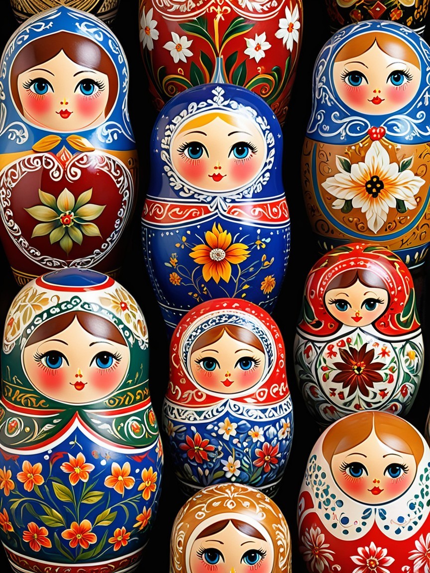 Traditional Russian Matryoshka Dolls with Floral Designs
